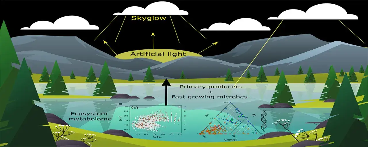 K&uuml;nstliches Licht als abiotischer Faktor beeinflusst &Ouml;kosysteme. Die Grafik zeigt eine Landschaft mit k&uuml;nstlichem Licht, das auf Gew&auml;sser und Pflanzen trifft.