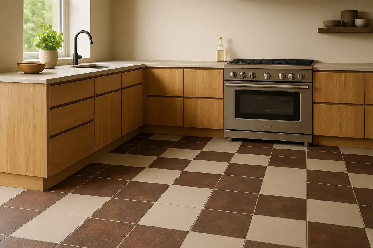 Un sol de cuisine tendance &agrave; damier brun et beige, avec des armoires en bois clair et un four en acier inoxydable.