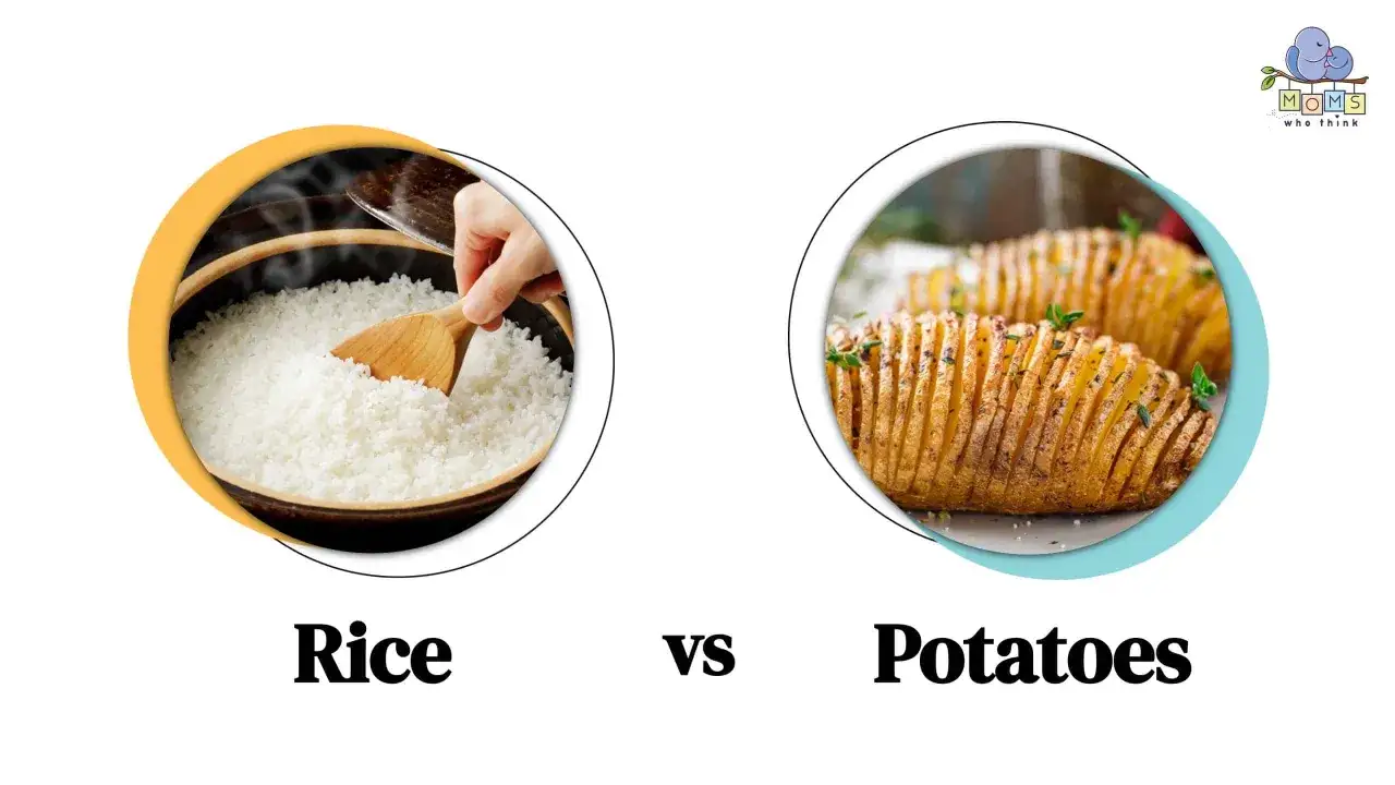 Reis vs. Kartoffeln: Was hat mehr Kalorien? Bild zeigt dampfenden Reis und gebackene Kartoffeln.