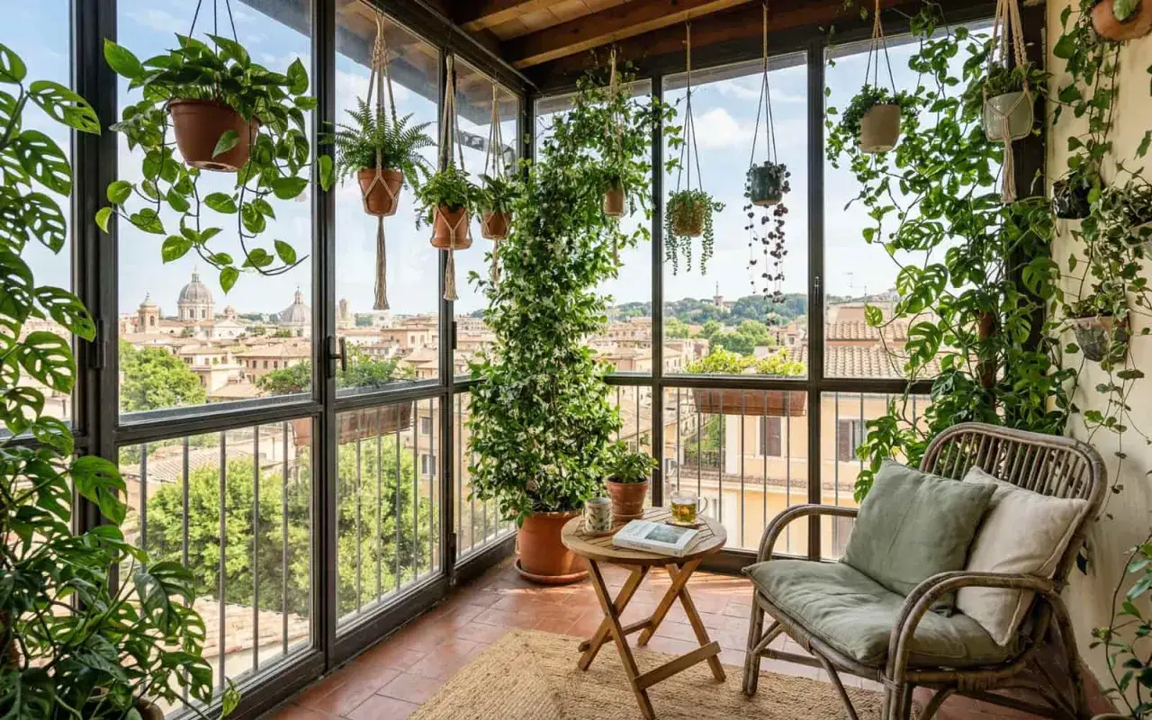 Un angolo relax in una veranda balcone, con piante rigogliose e vista su Roma. Un invito a godersi la tranquillità.