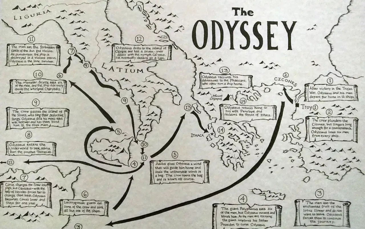 Die Karte zeigt die Irrfahrten des Odysseus, von Troja &uuml;ber die Insel der Sirenen bis nach Ithaka.