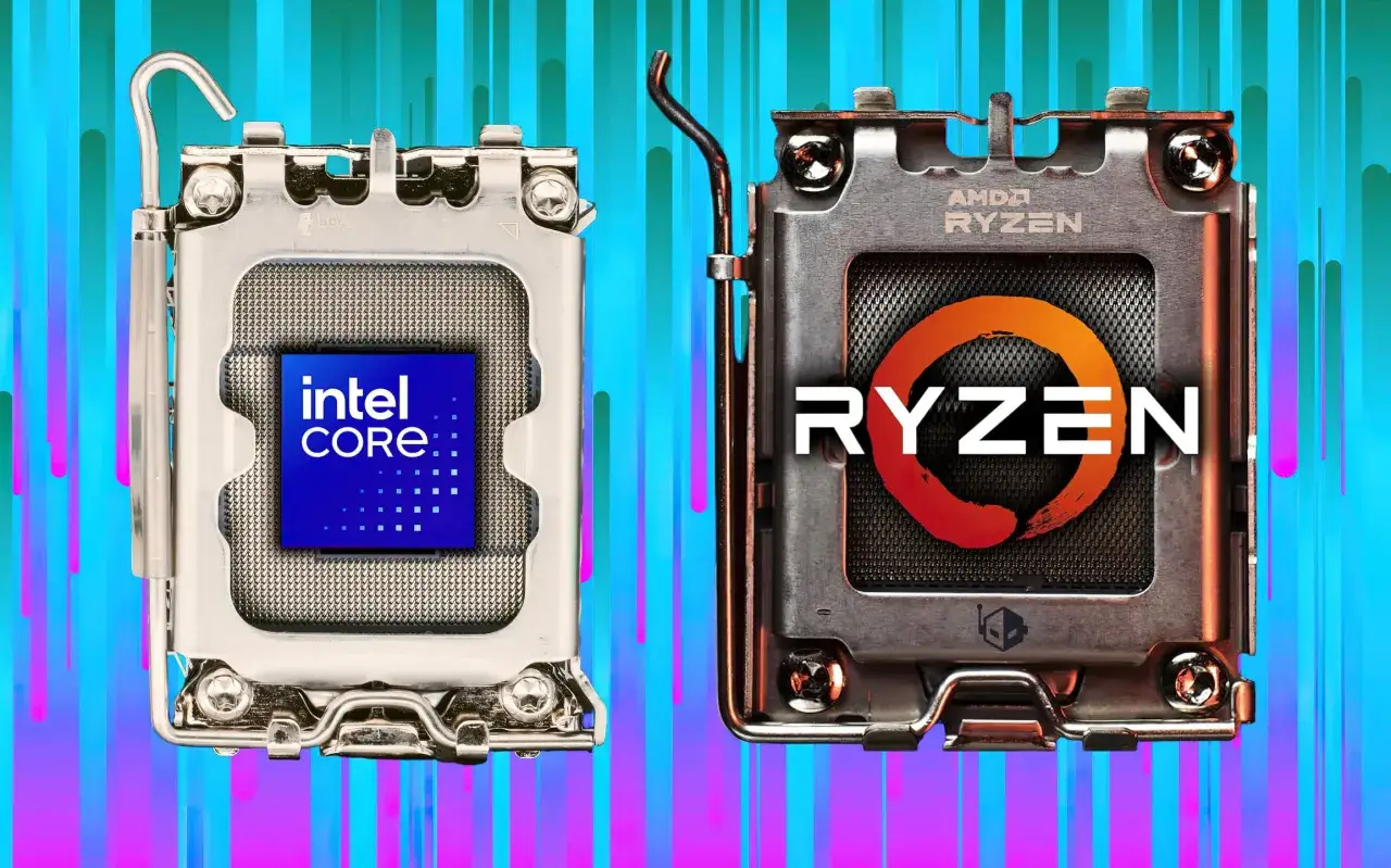 Procesory Intel Core i AMD Ryzen obok siebie, symbolizujące rywalizację na rynku.