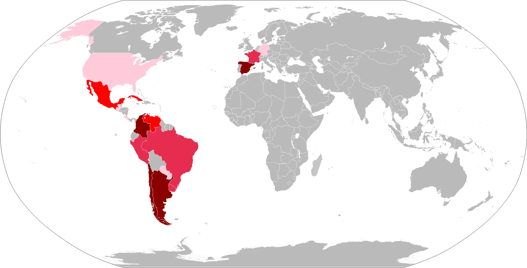 Mapa świata z zaznaczonymi regionami, gdzie mieszkają Baskowie: Hiszpania, Francja, Argentyna, Chile, Urugwaj, Paragwaj, Meksyk, Kuba, Wenezuela, Kolumbia, Peru, Boliwia, USA.
