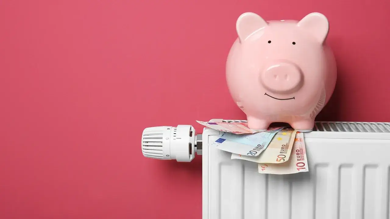 Świnka-skarbonka na grzejniku z euro symbolizuje zamrożenie cen prądu i oszczędzanie na ogrzewaniu.