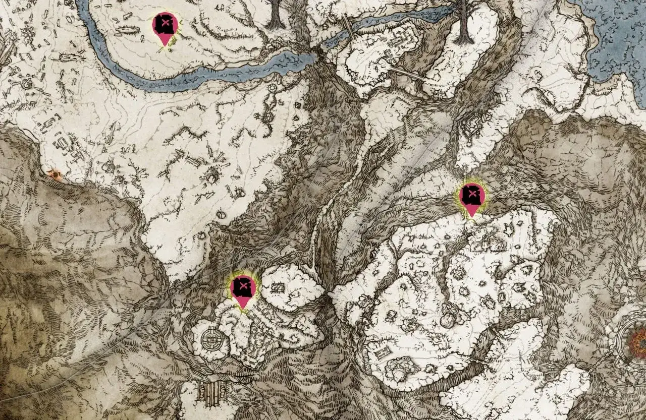 Tres marcadores rosados con una X negra señalan puntos de interés en estos mapas de Elden Ring, que muestran un paisaje nevado y montañoso.