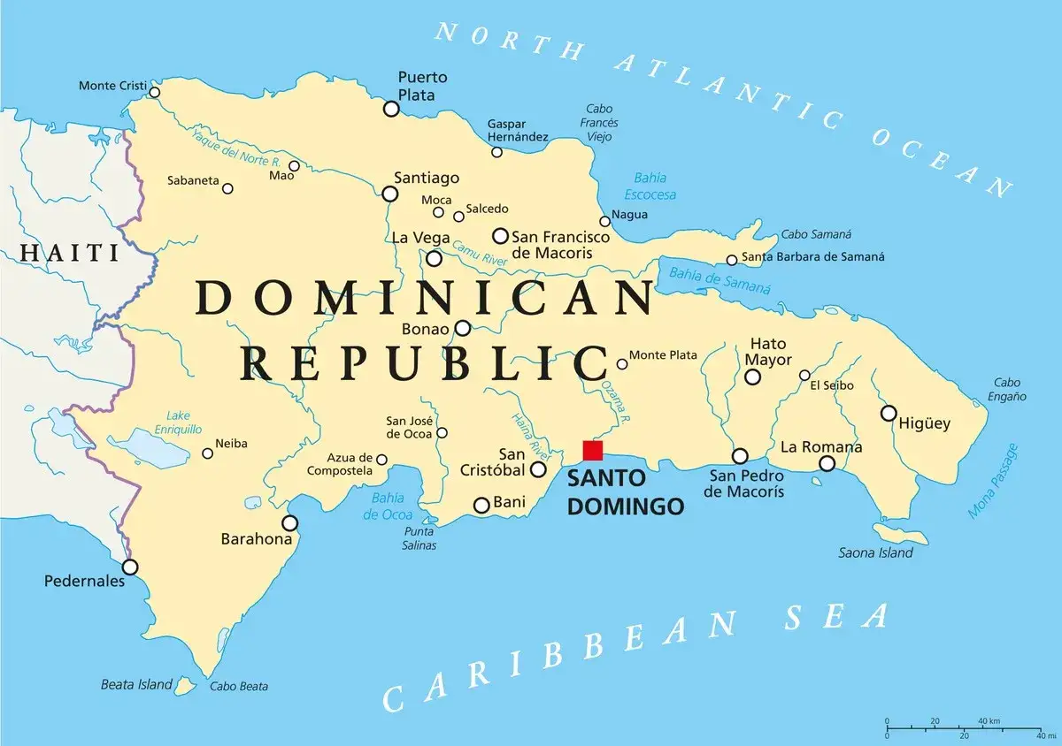 Mapa Dominikany, państwa sąsiadującego z Haiti. Widoczne miasta: Santo Domingo, Santiago, Puerto Plata.