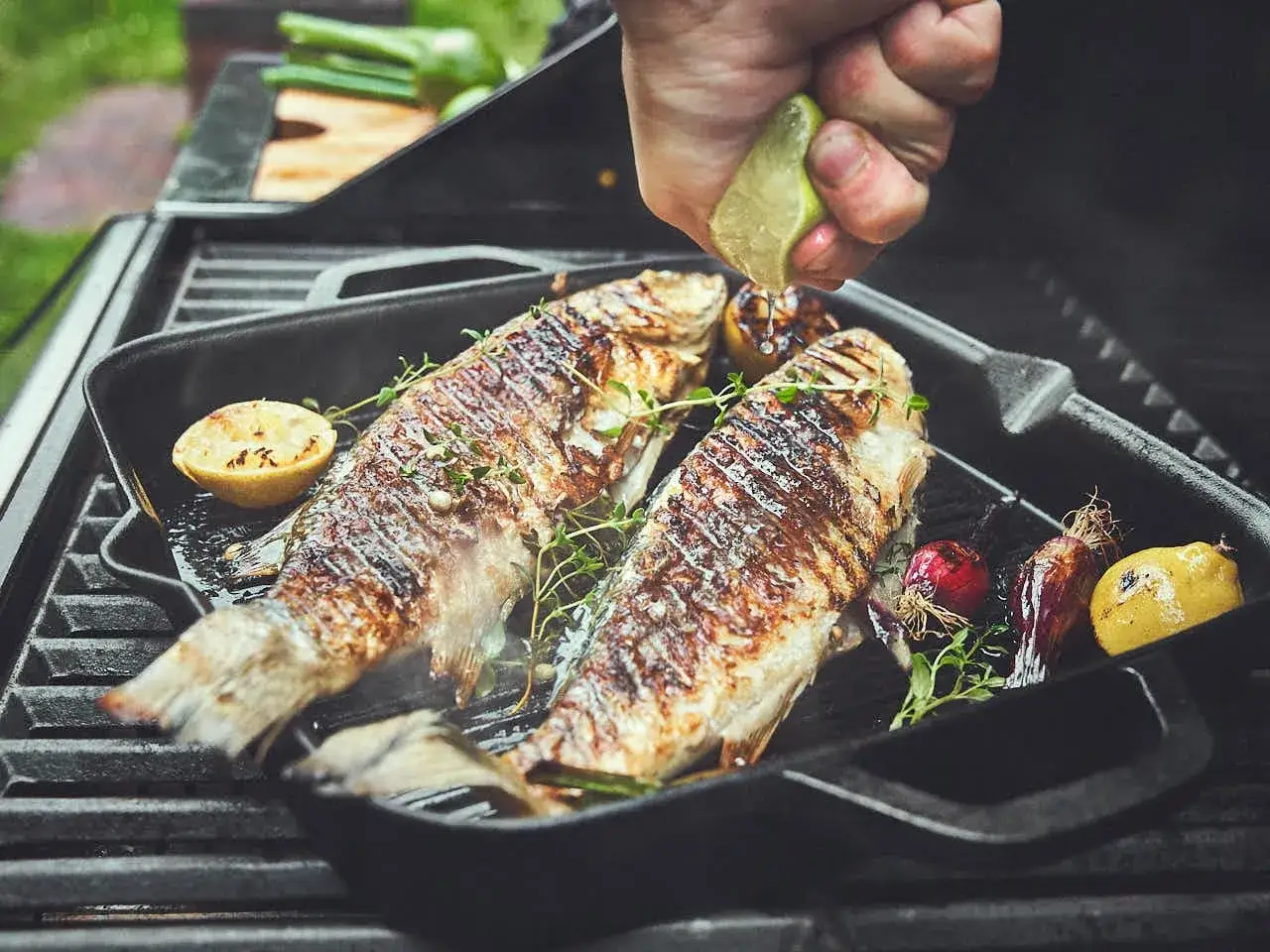 Zwei ganze Forellen werden auf einem Grill zubereitet, mit Zitrone und Kräutern verfeinert. Das Grillen der Forelle ist ein Genuss.
