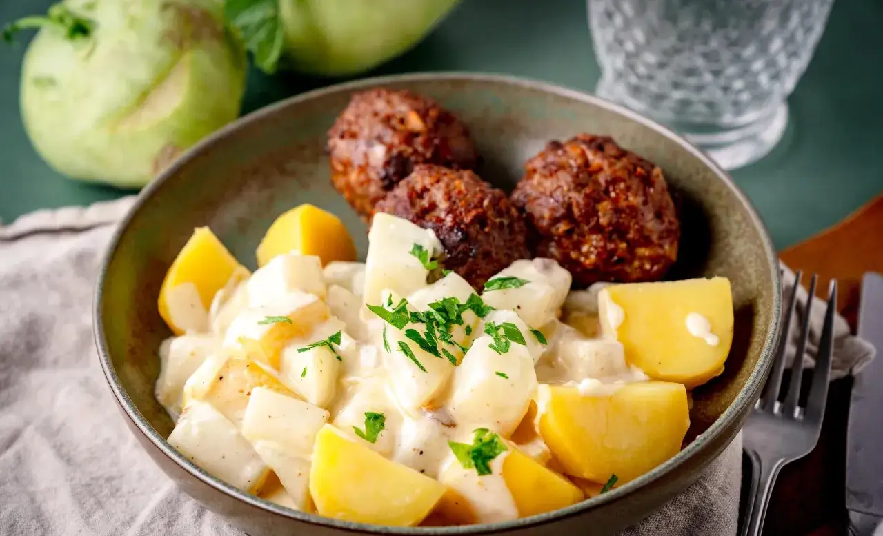 Herzhafte Kohlrabi-Rezepte: Kohlrabi in cremiger Sauce mit Kartoffeln und Frikadellen, garniert mit Petersilie.