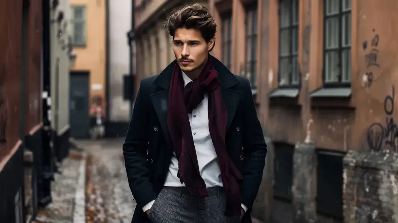 Man i mörk rock och vinröd halsduk i en gränd. Klassisk street style med stilfulla detaljer.