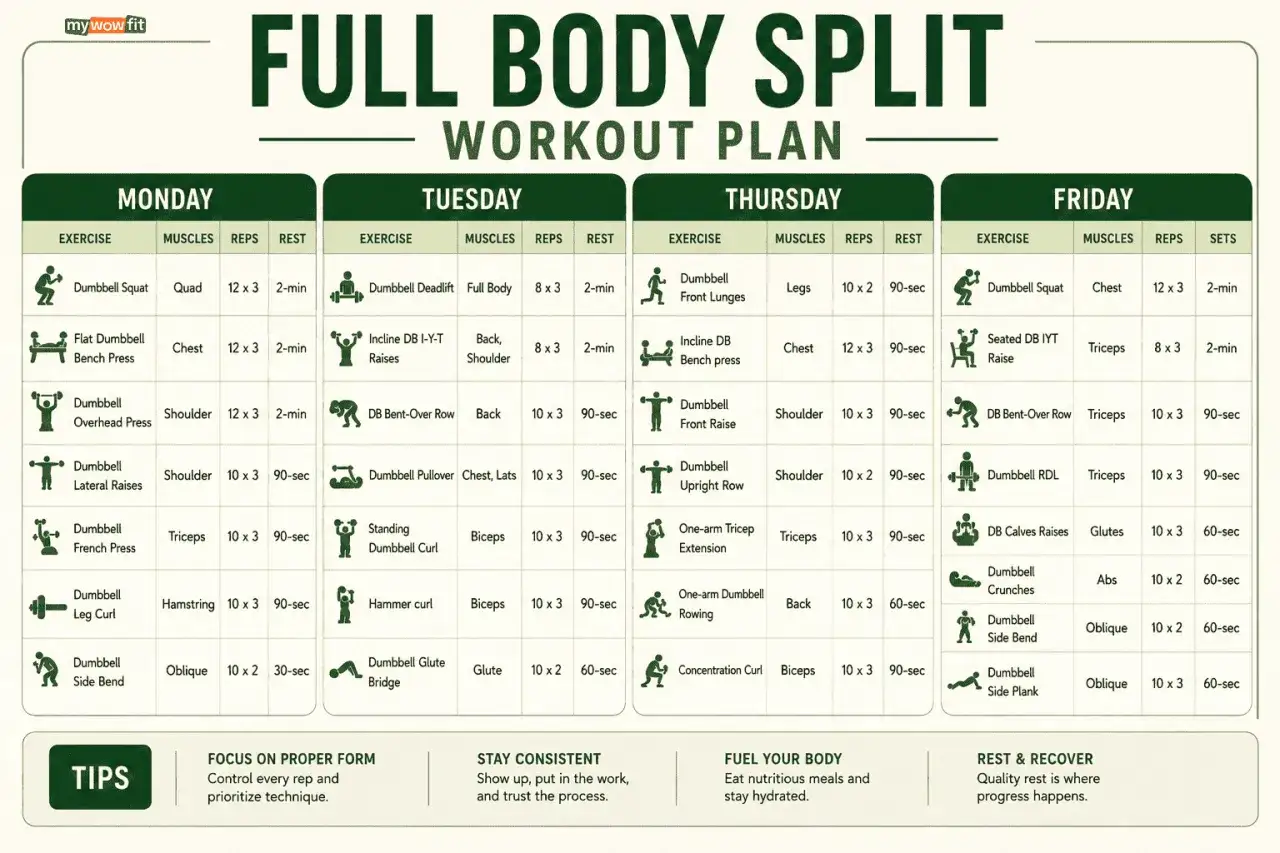 Trainingsplan für einen 3er Split: Montag, Dienstag, Donnerstag und Freitag mit Übungen, Muskelgruppen, Wiederholungen und Pausen.
