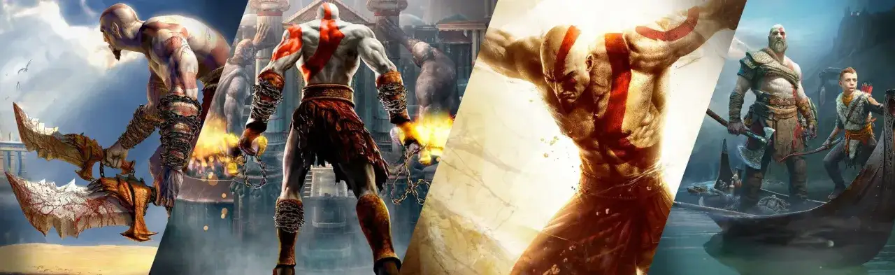 Kratos, bóg wojny, w akcji z ostrzami chaosu. Obok niego syn Atreus.