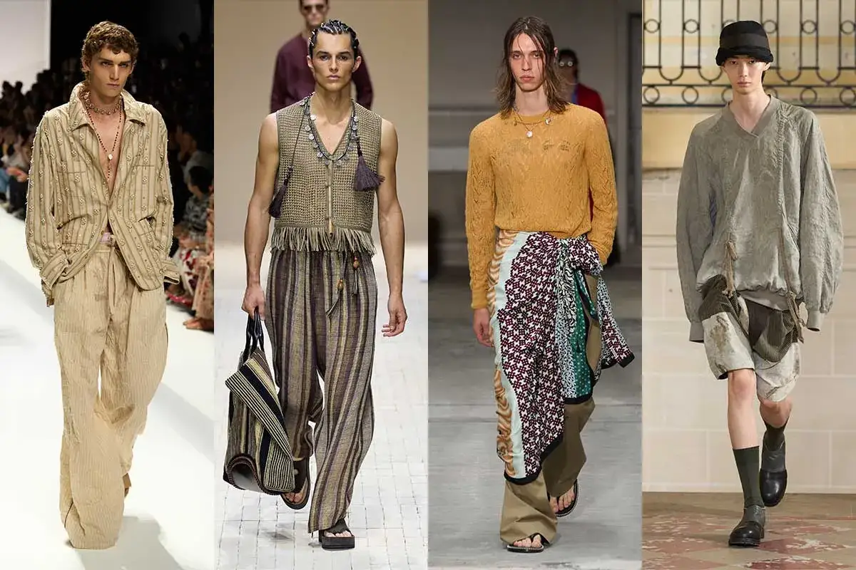 Modelos exhiben las últimas tendencias moda hombre: trajes holgados, estampados étnicos y accesorios bohemios.
