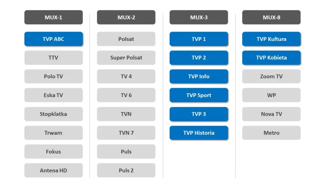 Ósmy multipleks naziemnej telewizji cyfrowej w Polsce (MUX-8) zawiera TVP Kultura, TVP Kobieta, Zoom TV, WP, Nova TV i Metro.