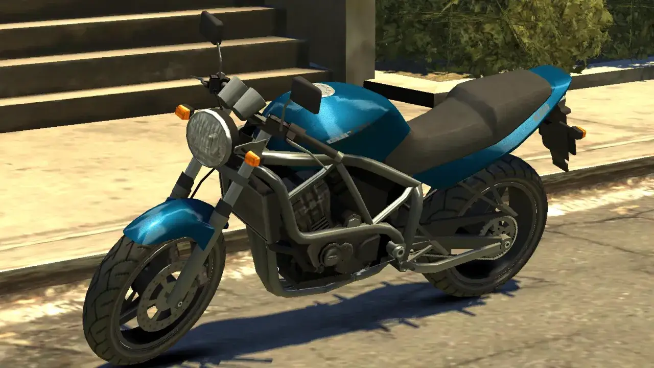 Błękitny motor z GTA 5, gotowy do akcji. Szukasz kodu na motor gta 5? Ten pojazd wygląda świetnie!