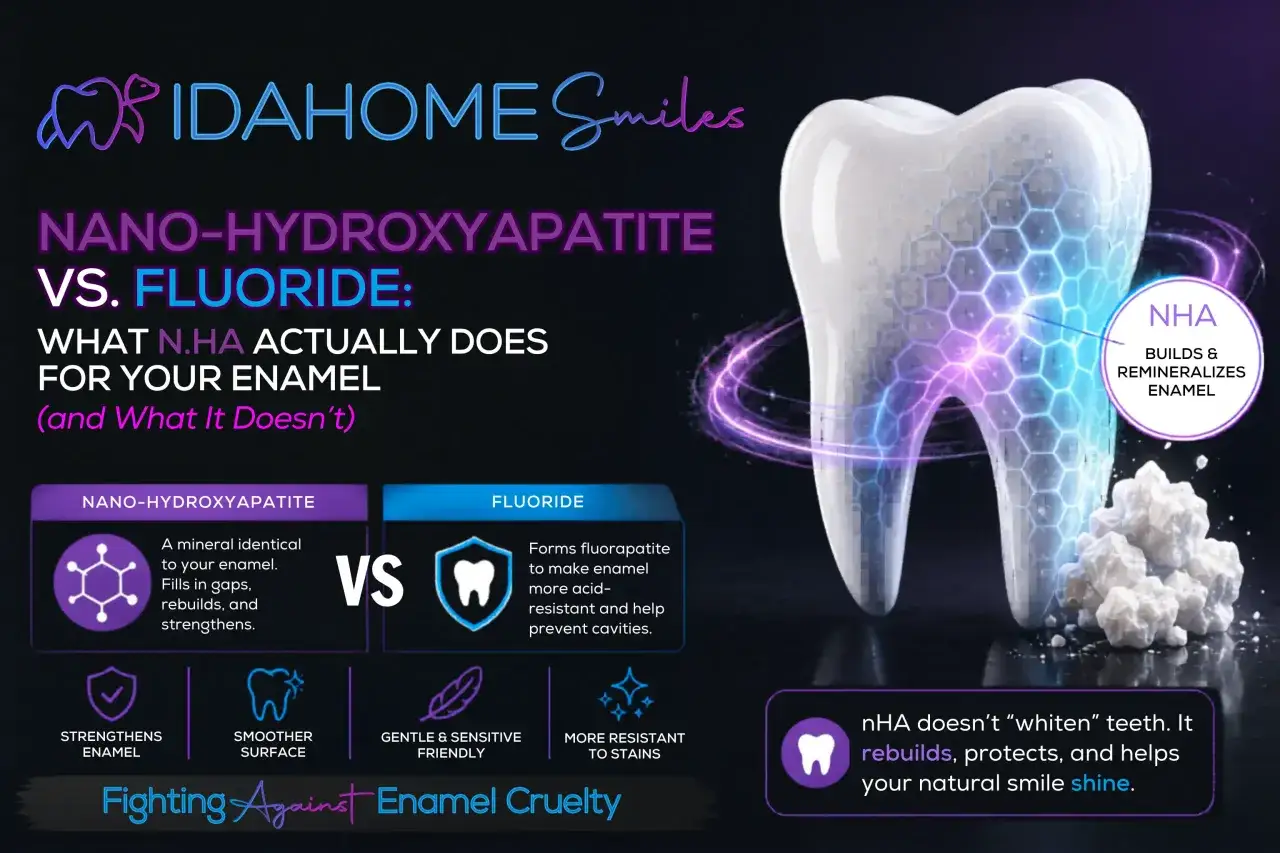 Porównanie NANO-HYDROKSYAPATYT vs. FLUOR. Hydroksyapatyt odbudowuje szkliwo, wypełnia ubytki i wzmacnia zęby, zapewniając naturalny blask.
