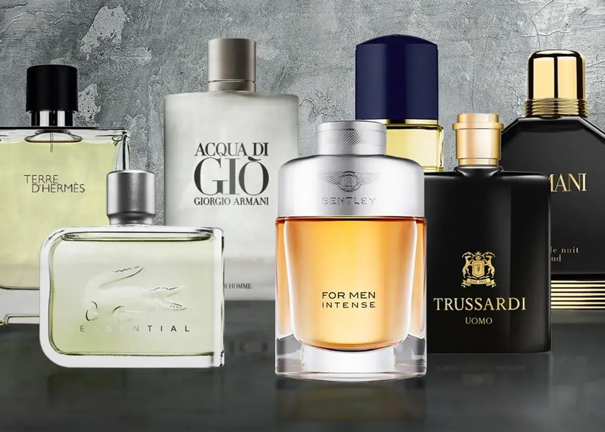 Kolekcja popularnych męskich perfum: Bentley, Trussardi, Armani Acqua di Gio, Hermès Terre d'Hermès i Lacoste Essential.