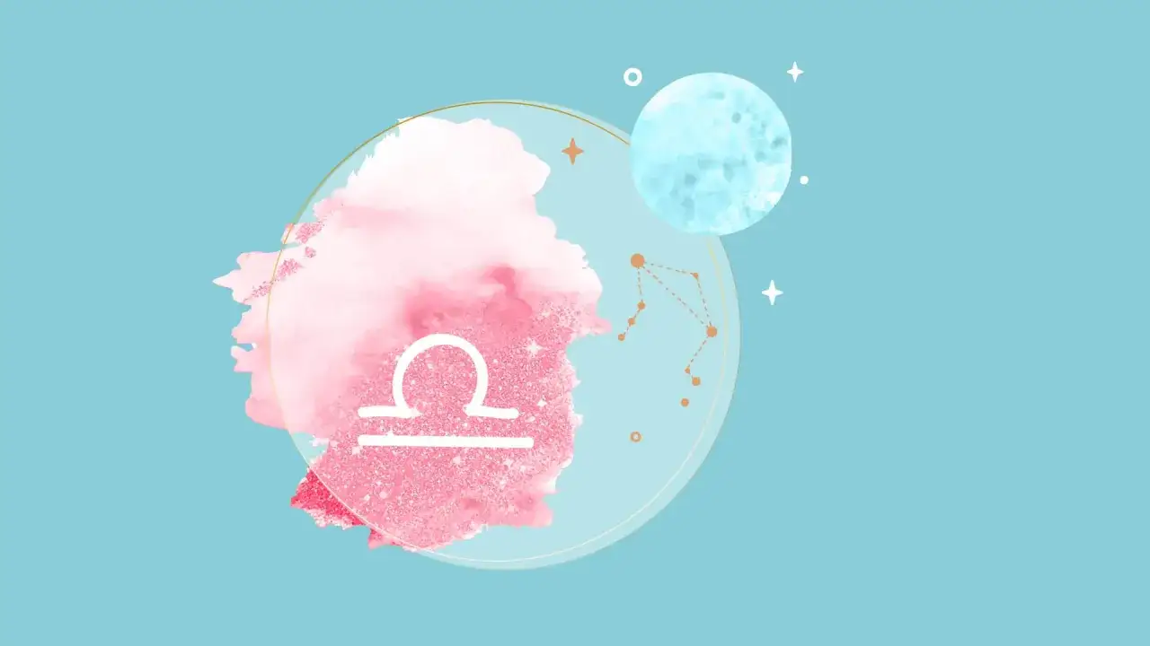 Symbol wagi zodiak na tle różowych i błękitnych plam, księżyca i gwiazd.