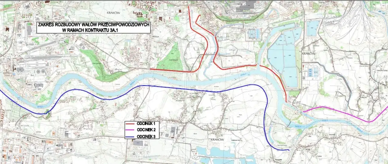 Mapa Krakowa z zaznaczonymi odcinkami wałów przeciwpowodziowych na Wiśle. Trzy kolory (czerwony, fioletowy, niebieski) oznaczają różne etapy budowy levee.