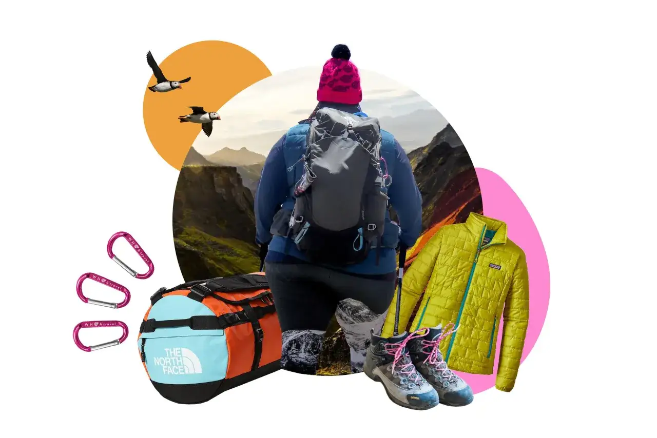 Packliste Island: Rucksack, Daunenjacke, Wanderschuhe, Reisetasche, Karabiner und Papageientaucher für das Abenteuer.