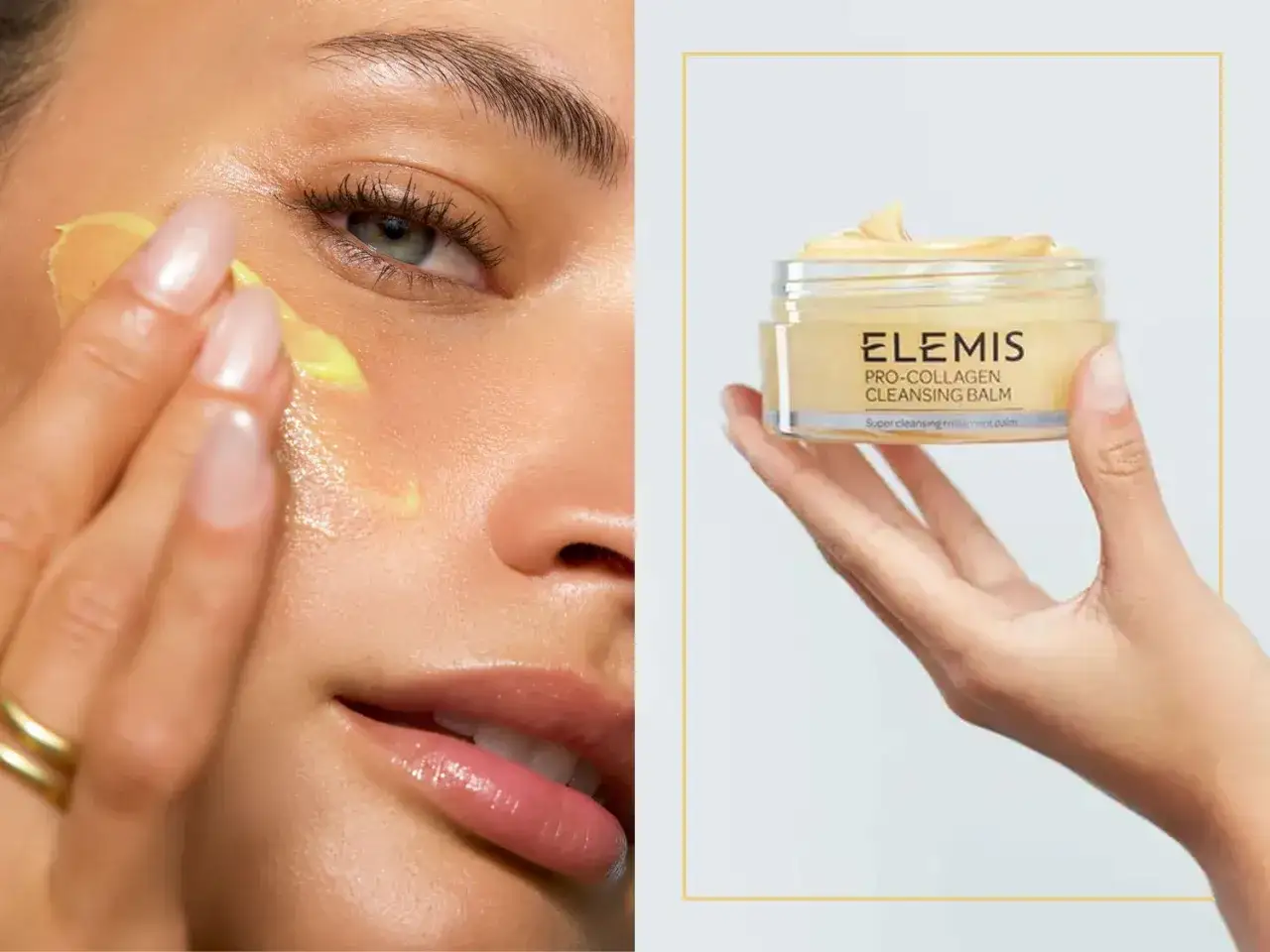 Eine Hand trägt den Elemis Pro-Collagen Reinigungsbalsam auf das Gesicht einer Frau auf.