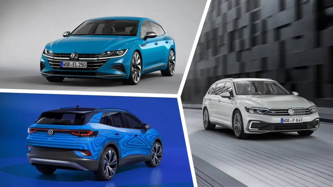 Trzy samochody marki Volkswagen: niebieski hatchback, białe kombi i niebieski SUV z ciekawym wzorem.