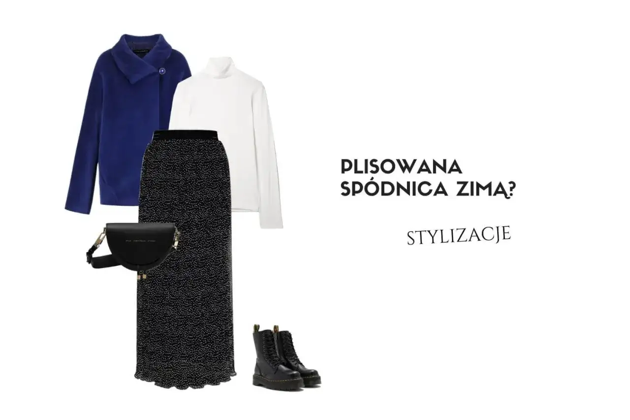 Stylizacja z plisowaną spódnicą: czarna, długa spódnica w kropki, biały golf, granatowe futerko, torebka i botki. Jakie buty do plisowanej spódnicy?