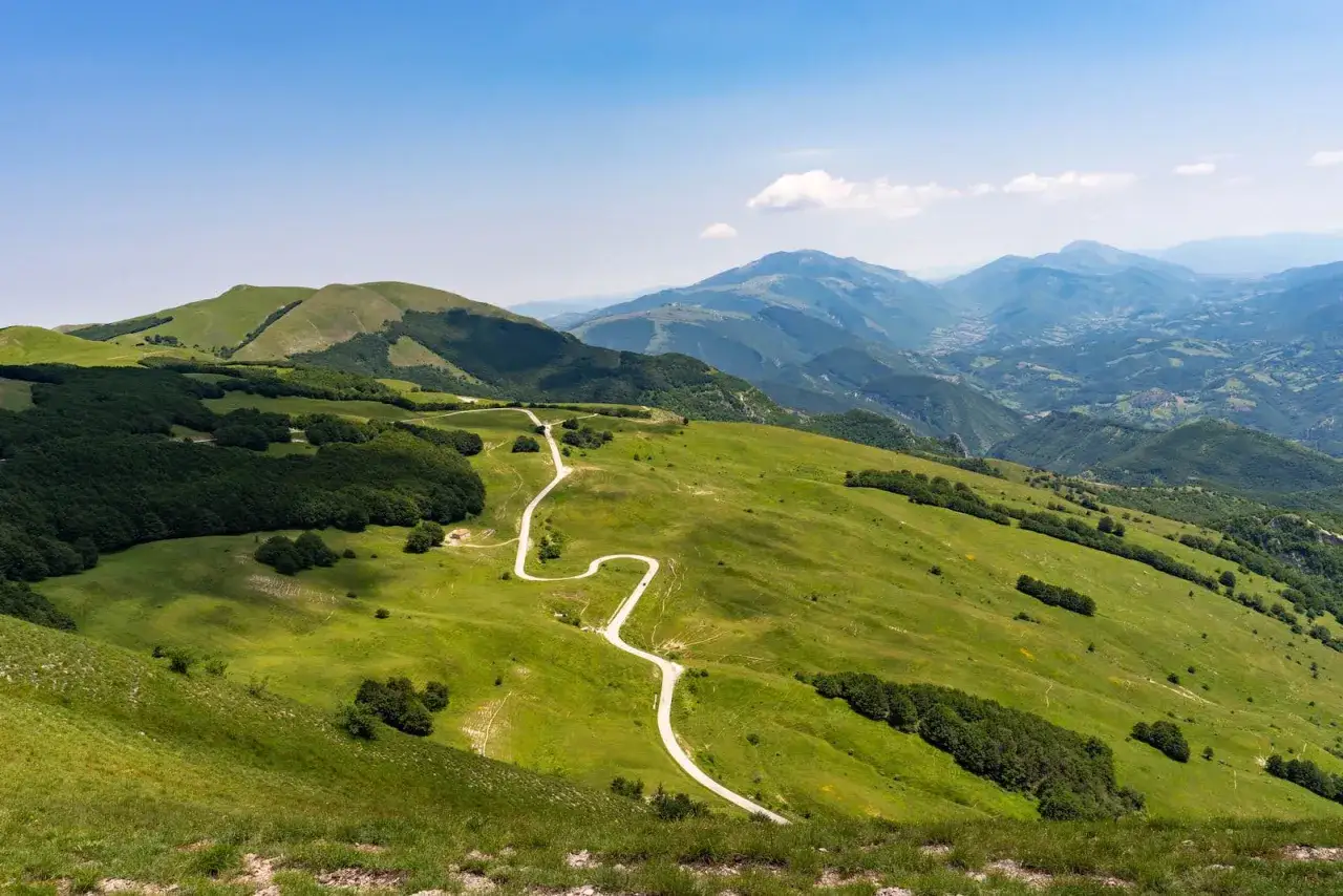 Strada tortuosa sul Monte Nerone, tra verdi colline e montagne lontane sotto un cielo azzurro.