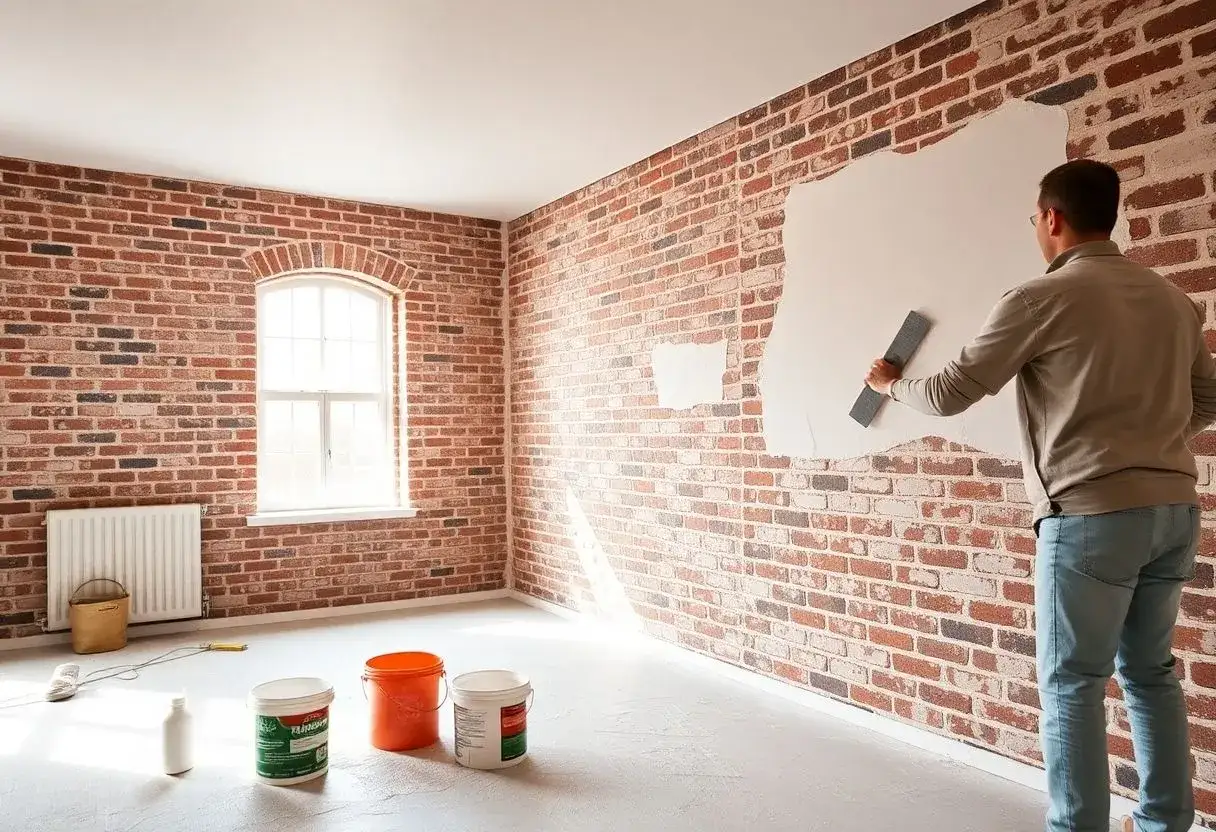 Un homme applique de l'enduit sur brique int&eacute;rieur, transformant un mur brut en une surface lisse. Des pots de peinture sont pr&ecirc;ts.