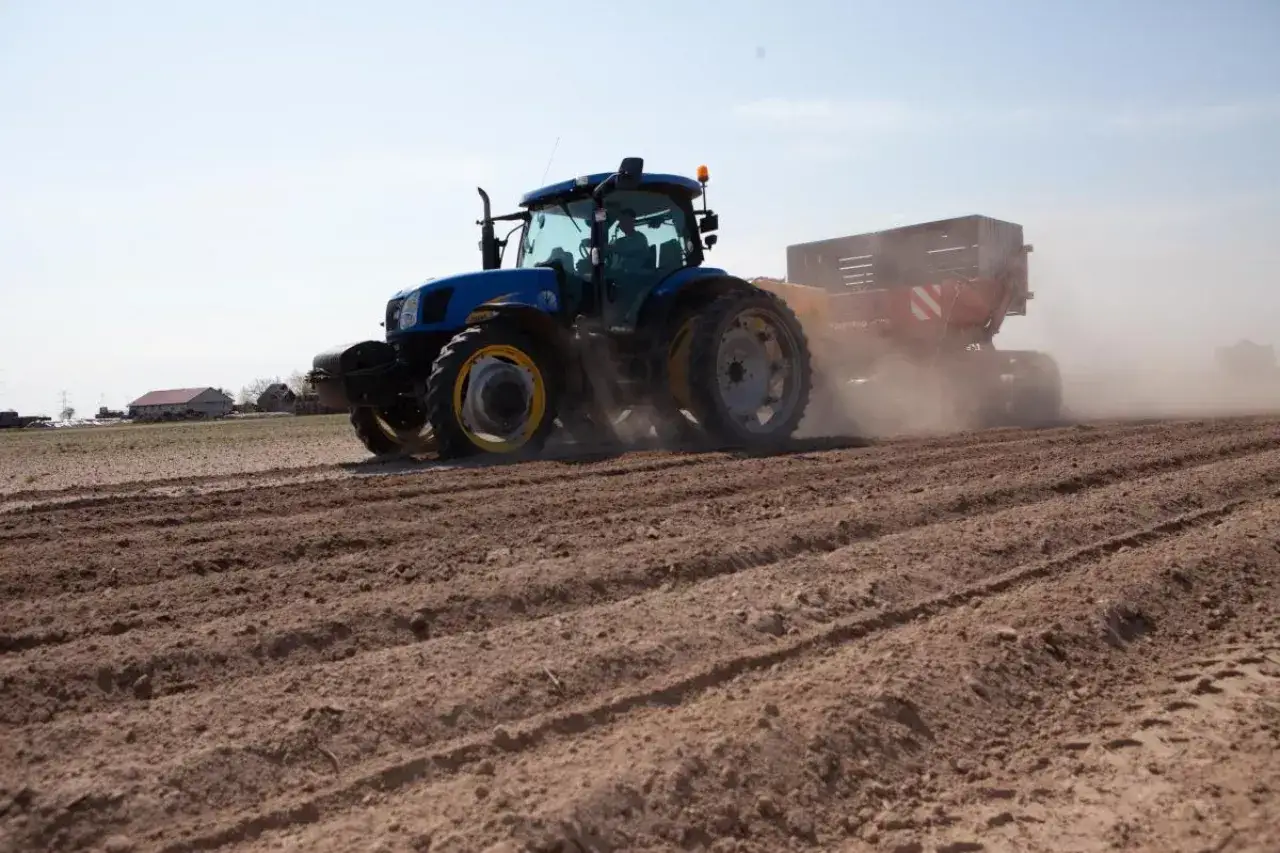 Niebieski traktor z przyczepą pracuje na polu, wzbijając kurz. Rozpoczyna się uprawa ziemniaków, przygotowanie gleby pod sadzenie.