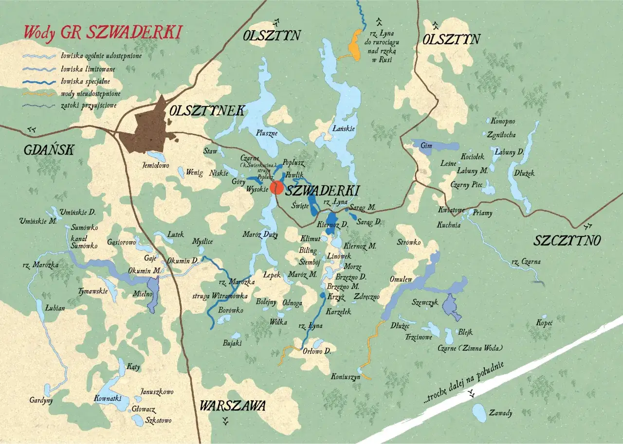 Mapa Szwaderki i okolic. Szukasz miejsca gdzie na ryby na Mazury? Znajdziesz tu jeziora, rzeki i stawy.
