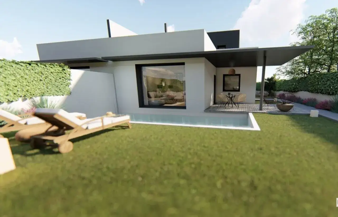 Modern villa with a pool and garden furniture. The house has clean lines and flat **tejados sin tejas**, offering a minimalist aesthetic.