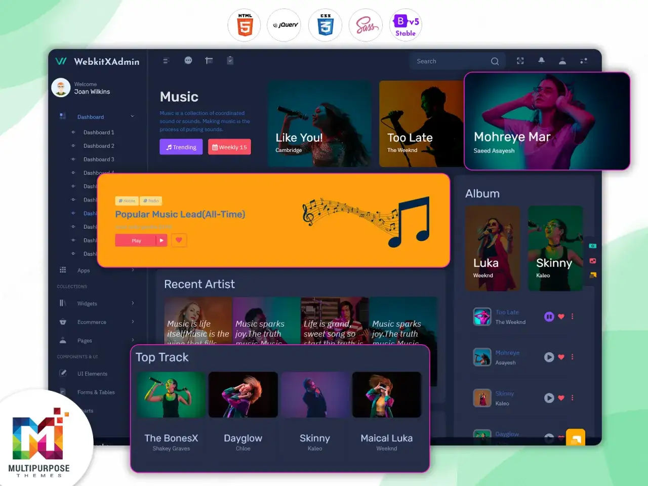 A music dashboard showcasing trending songs, albums, and artists. This could be the best website for musicians to manage their content.