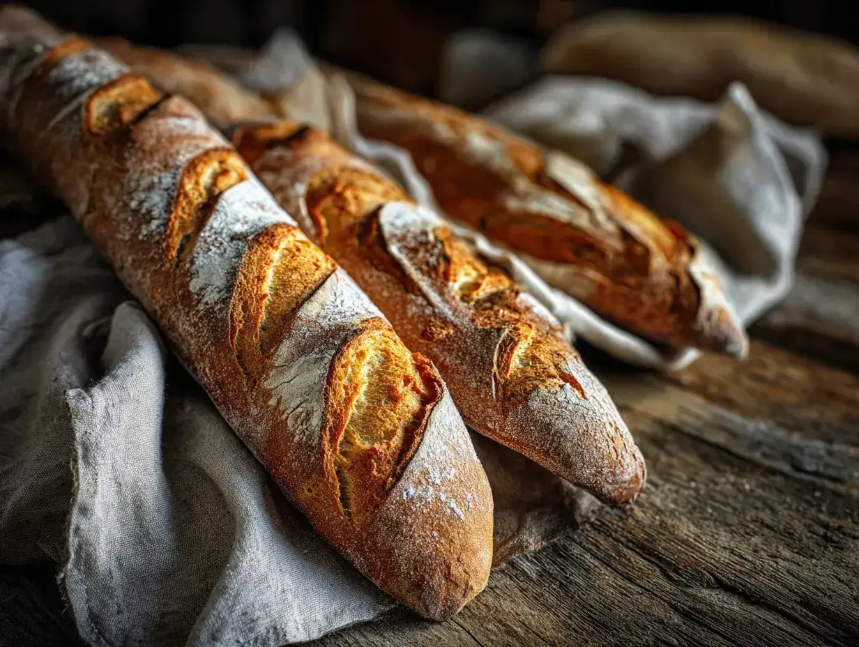 Tre nybakade baguetter på en träyta, redo för ett gott baguetter recept.