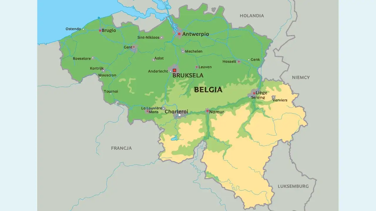 Mapa Belgii w Europie z zaznaczonymi miastami jak Bruksela, Antwerpia, Gandawa. Graniczy z Holandią, Niemcami, Francją i Luksemburgiem.