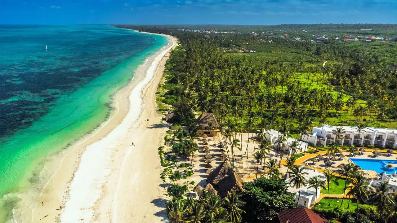 Rajska plaża na Zanzibarze, idealna na wakacje w październiku. Turkusowa woda, biały piasek i palmy.