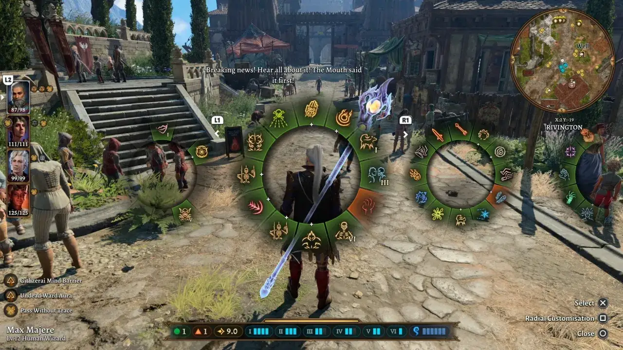 Poradnik Baldur's Gate 3: postać Max Majere, czarownik, używa koła umiejętności w Rivington.