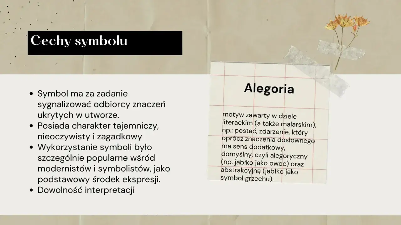 Tekst o cechach symbolu i definicja alegorii. Alegorie ukrywają dodatkowe znaczenia, jak jabłko symbolizujące grzech.