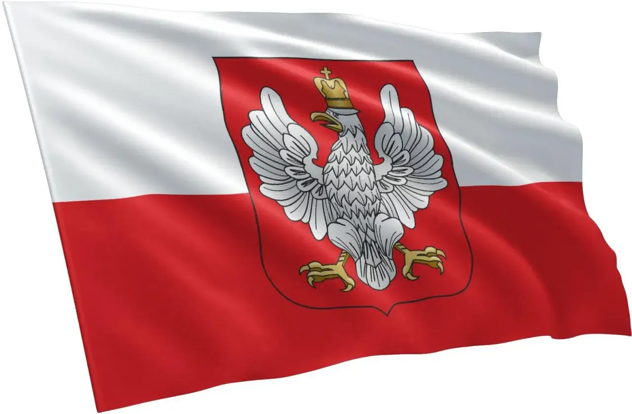 Flaga Polski z orłem w koronie, ale odwrócona. Biało-czerwona, z godłem na czerwonym tle.