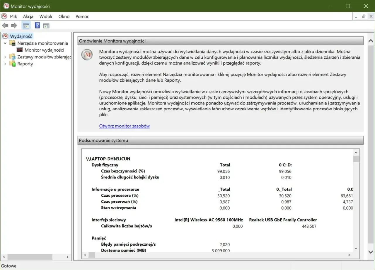 Monitor wydajności pokazuje dane o zasobach komputera: dysku, procesorze, sieci i pamięci. Widać tu m.in. czas bezczynności dysku i procesora.