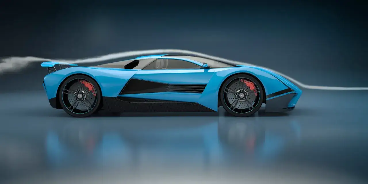 Coche azul deportivo con alerón trasero y líneas de flujo de aire que resaltan su aerodinámica.