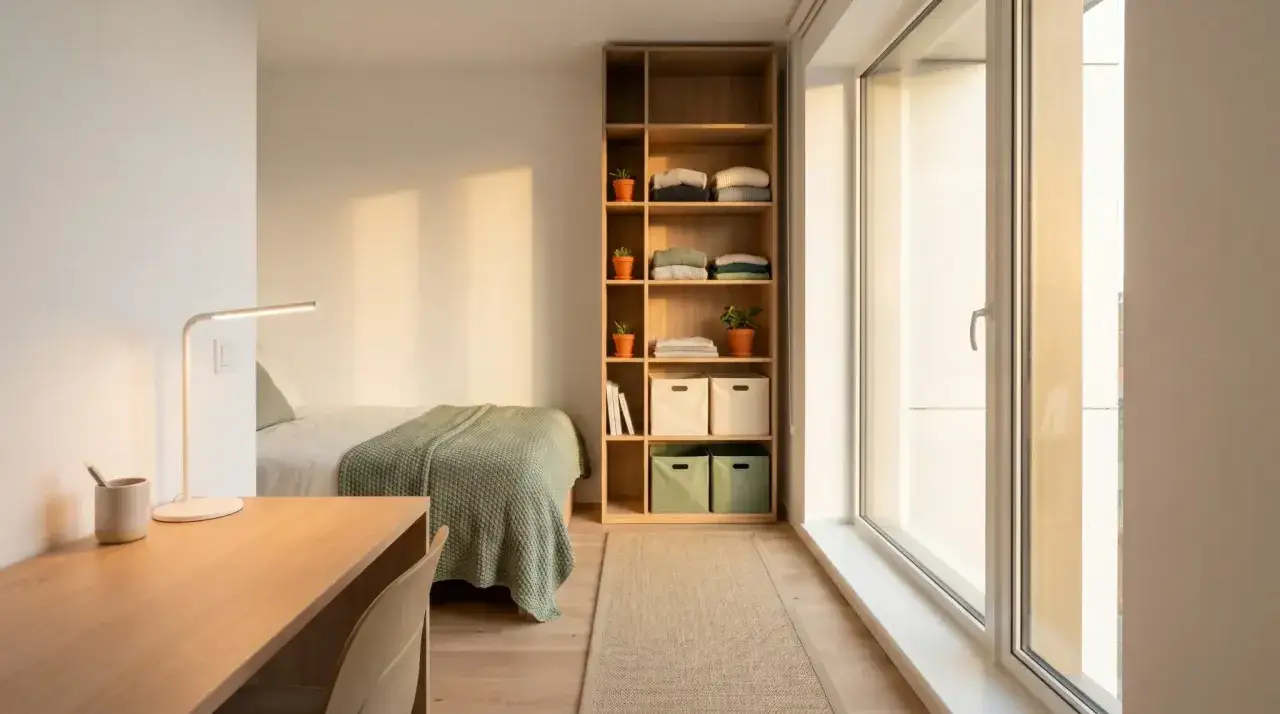 Una camera da letto minimal con letto, scrivania, libreria in legno e un'ampia finestra che inonda lo spazio di luce.