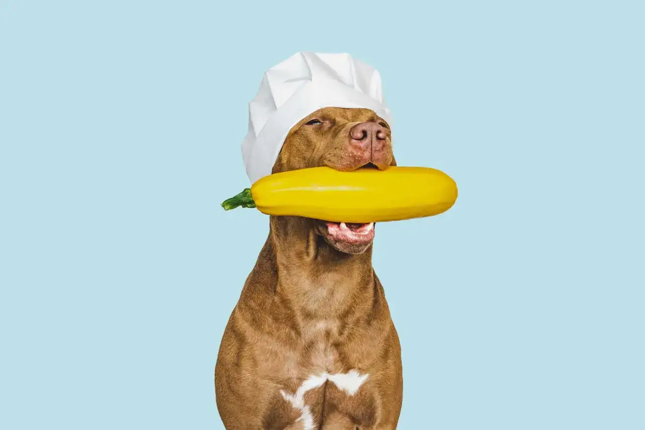 A chef dog holds a yellow squash, asking 