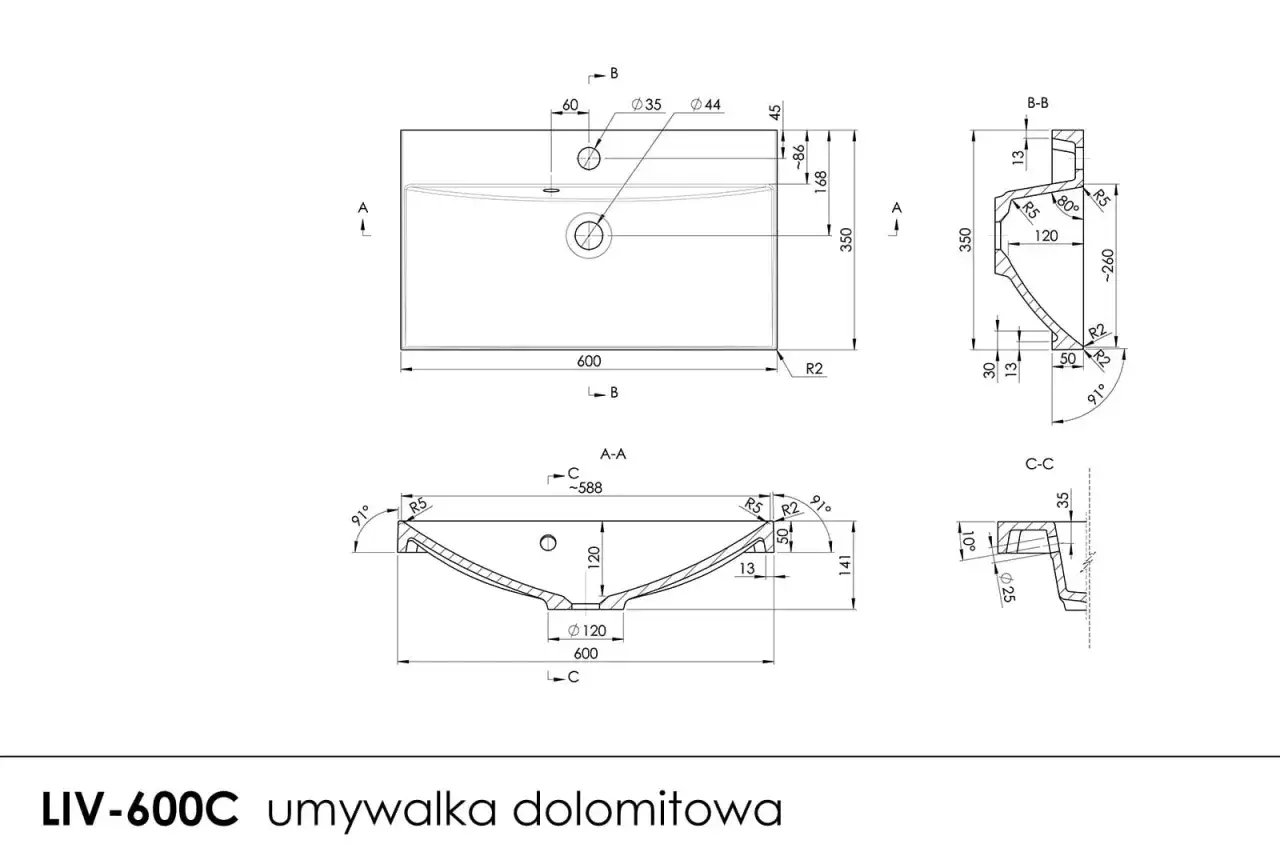 Rysunek techniczny umywalki nablatowej LIV-600C z wymiarami, pokazujący jaki otw&oacute;r pod umywalkę nablatową jest potrzebny.