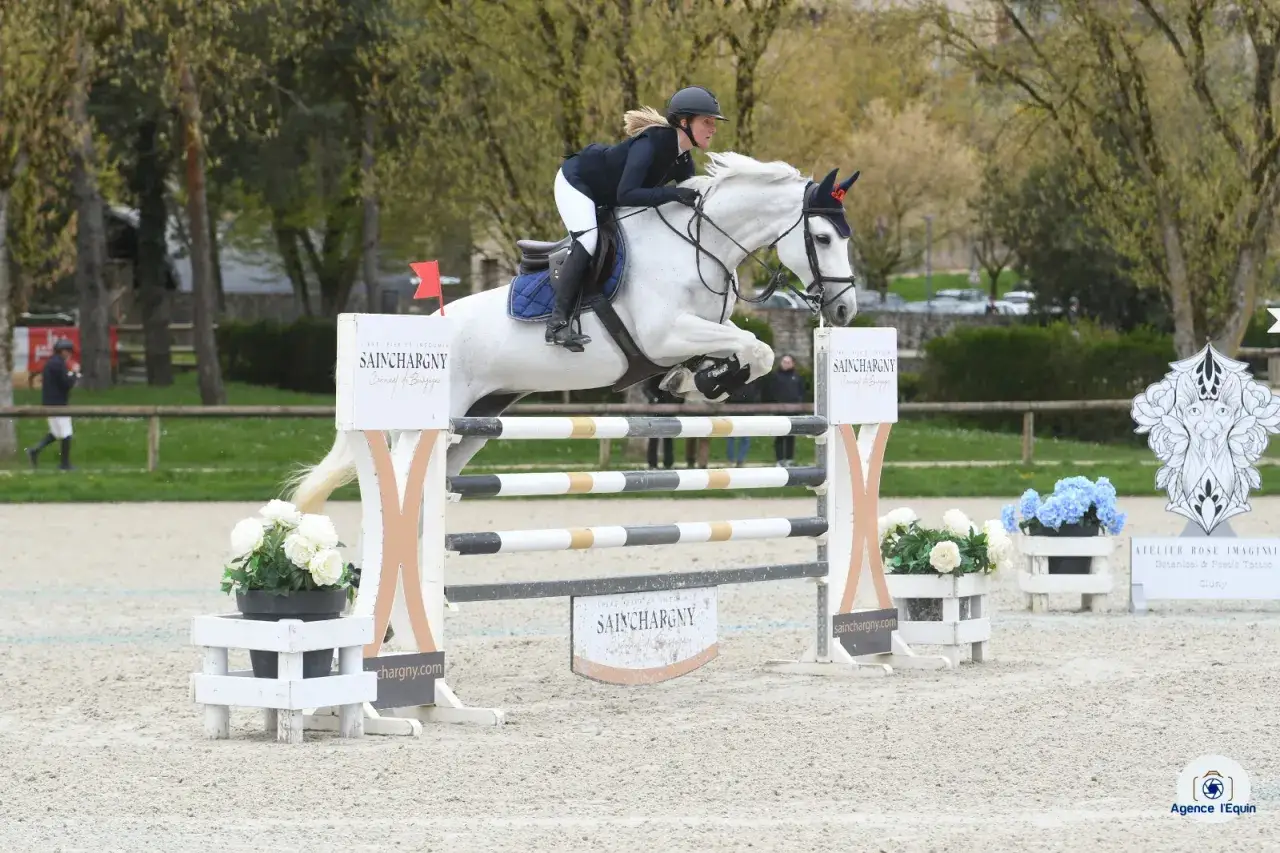 Cavalier et cheval blanc sautent un obstacle lors d'un concours CSI 5*.