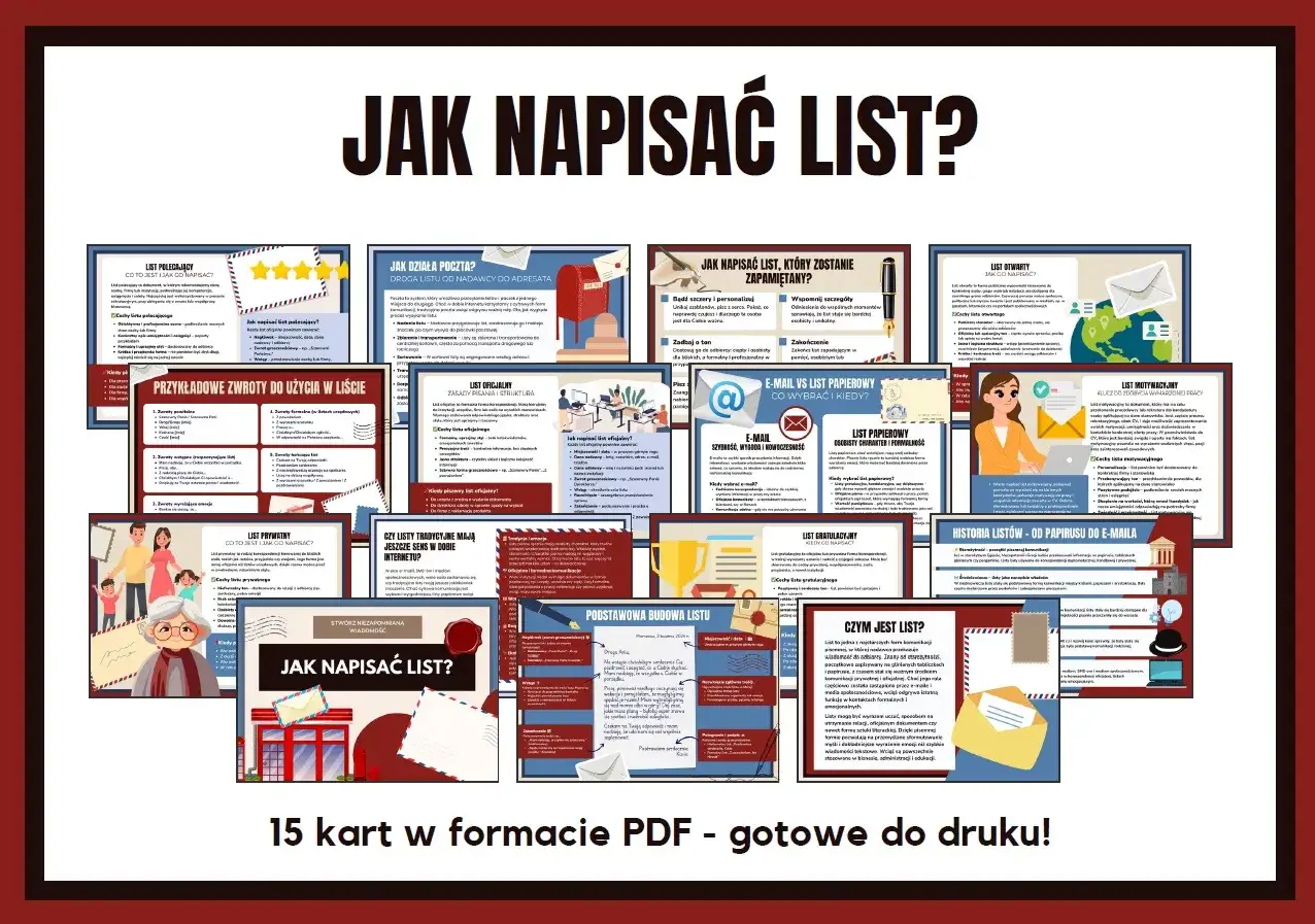 Grafika przedstawia materiały edukacyjne na temat tego, jak się pisze list. Zawiera porady, przykłady i porównania listów tradycyjnych z e-mailami.