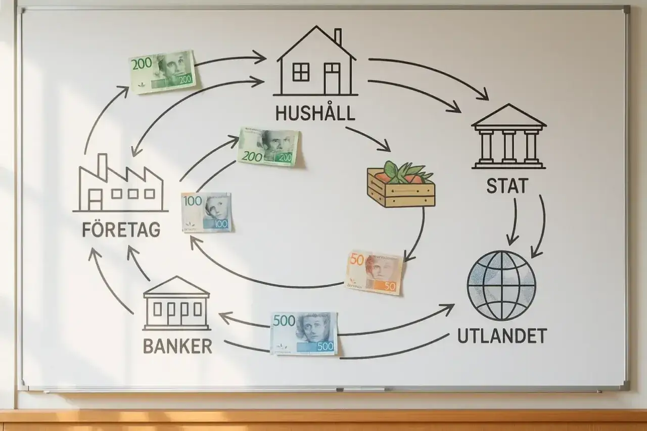 En illustration av det ekonomiska kretsloppet med hus, företag, banker, staten, utlandet och varor. Svenska sedlar visar pengarnas flöde.