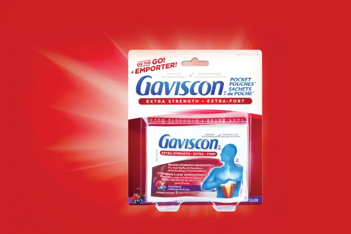 Opakowanie Gaviscon Extra Strength, idealne na zgagę i refluks. Szybko działa, tworząc barierę ochronną.