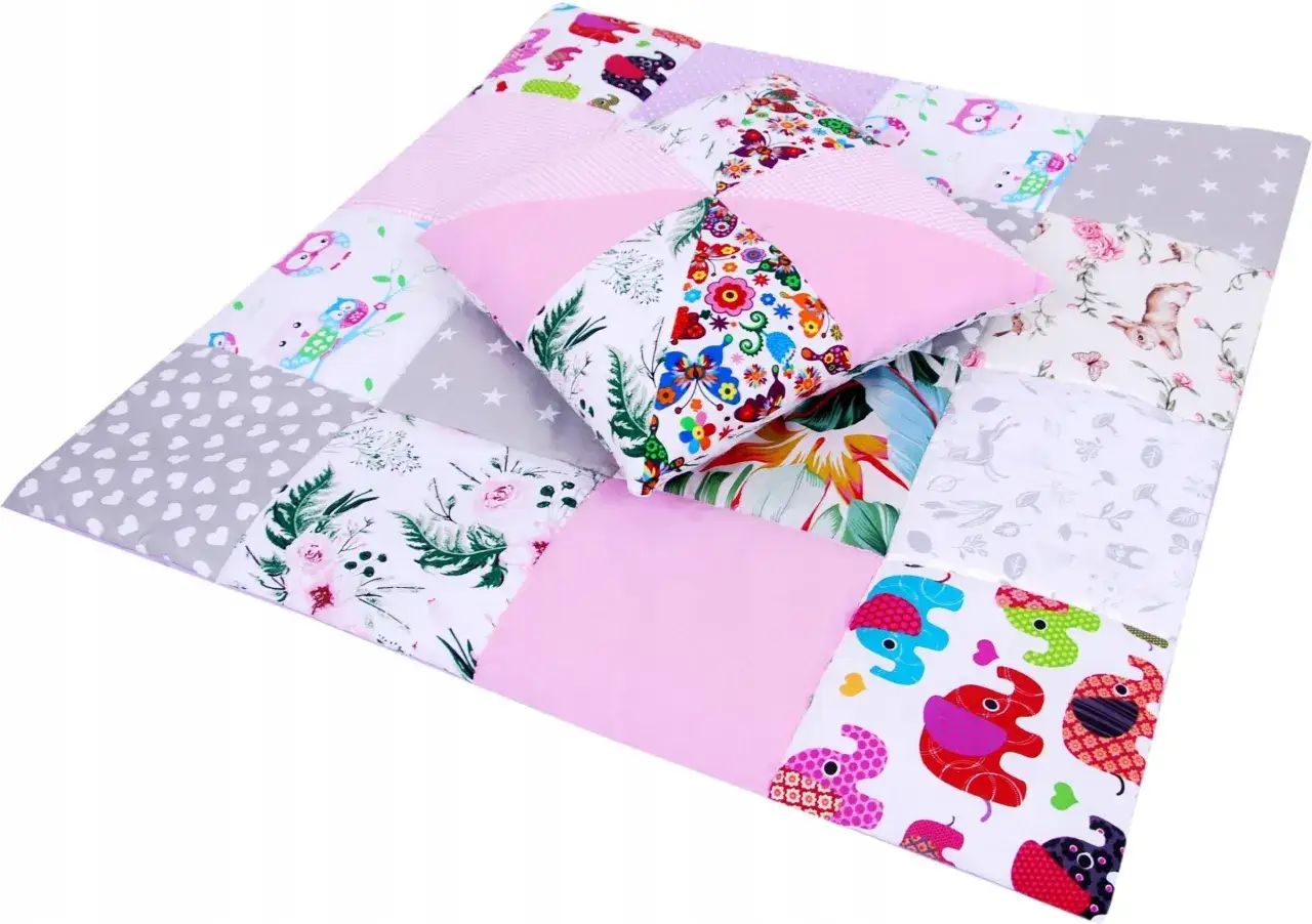 Kolorowy patchwork dla początkujących: kołderka z sowami, słoniami i kwiatami oraz poduszka w geometryczne wzory.