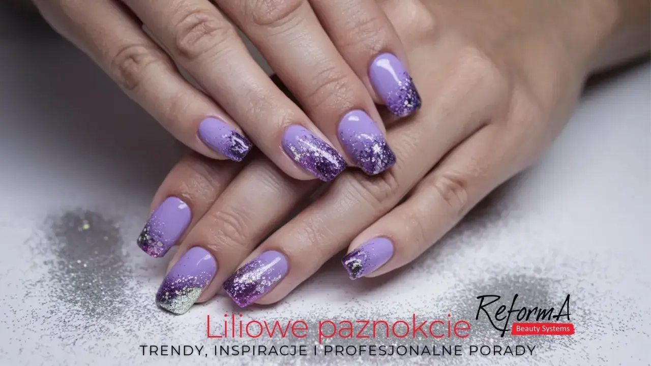 Fioletowy french z brokatowym ombre na paznokciach. Lśniące, lawendowe paznokcie z efektem syrenki i srebrnym brokatem.