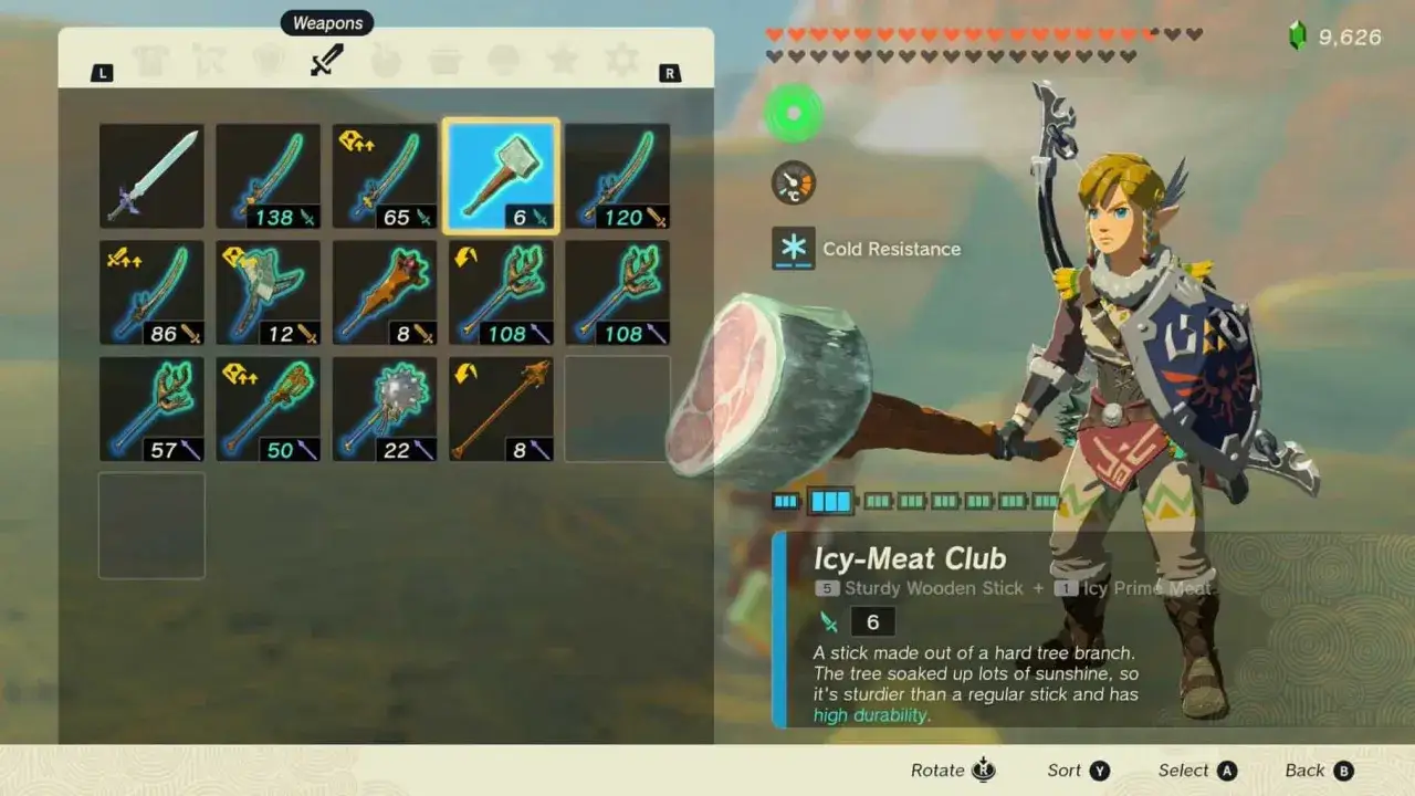 Link en Zelda Tears of the Kingdom Switch 2 empuña un garrote de carne helada, listo para la aventura.